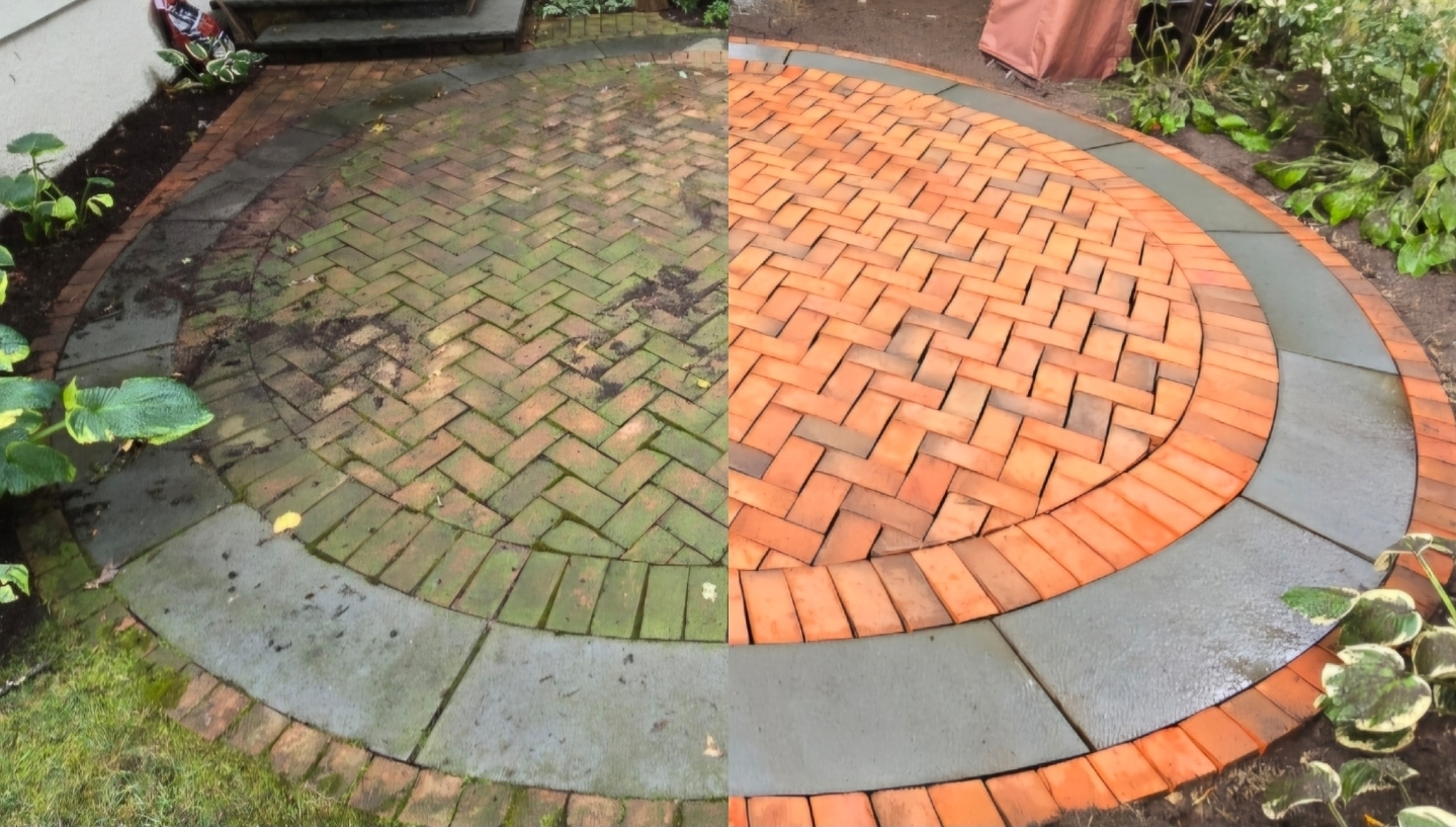 Before and after of a restored circular brick patio