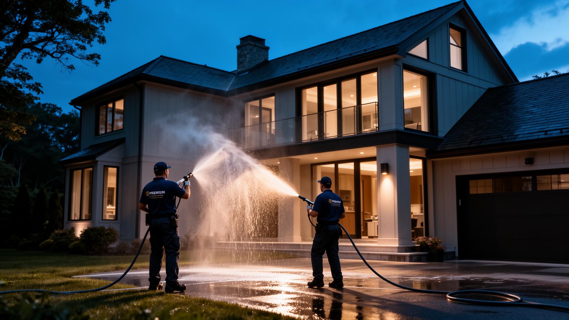 Diamond Corp crew pressure washing a luxury home at dusk